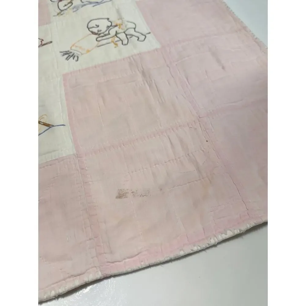 Vintage Antique Baby Quilt Child Activities Fishing Spoon Embroidered 42”x 32”